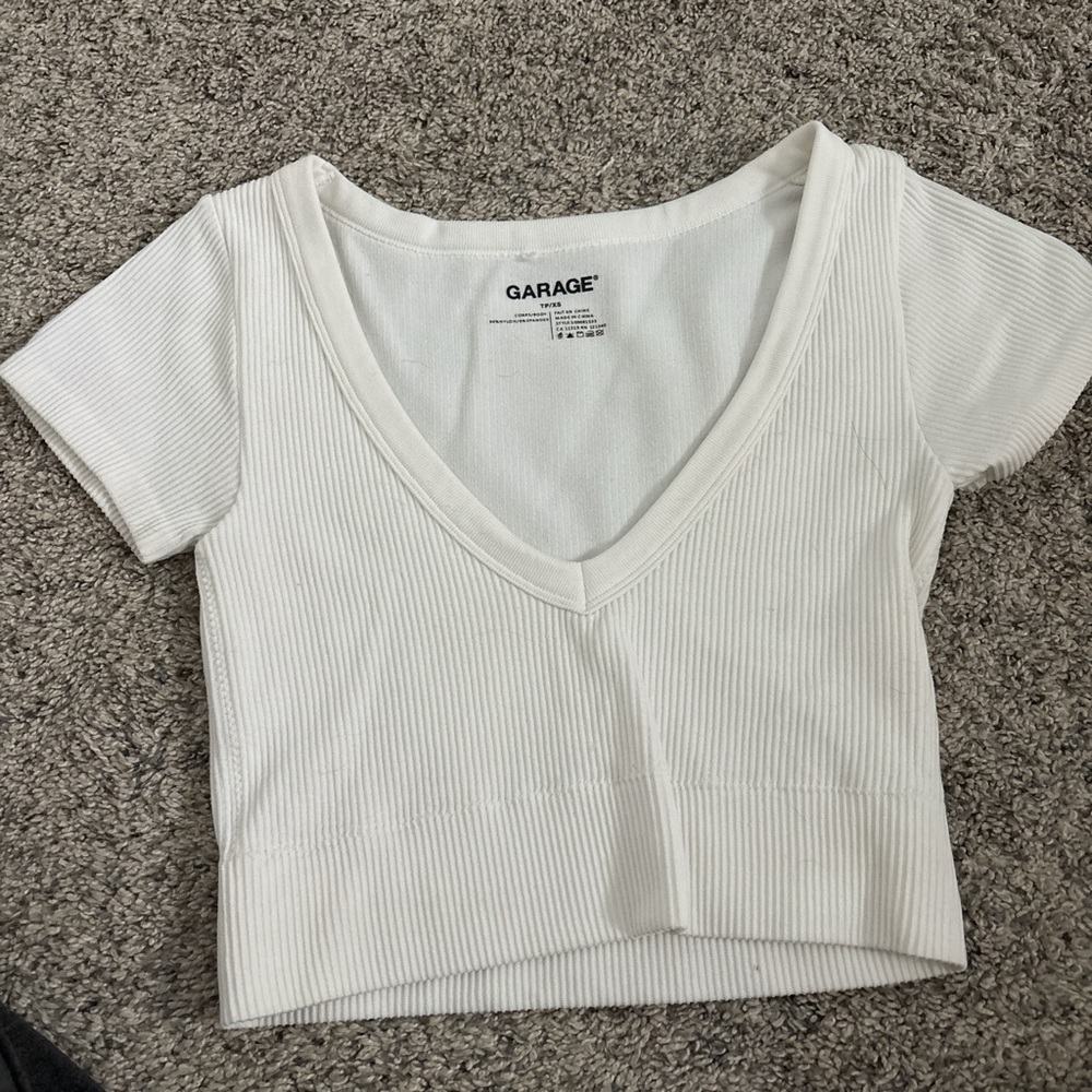 Garage Cream Ribbed V-Neck Crop Top